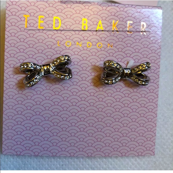 Ted Baker Olitta Silver Tone Mini Opulent Bow Stud Earrings Crystal Accents NWT - Picture 1 of 10